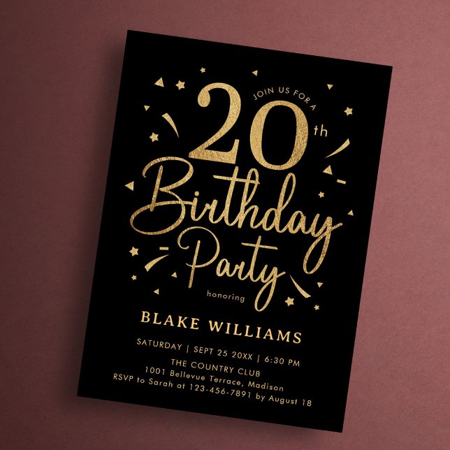 Invitation 20e Anniversaire Noir Or (Créateur téléchargé)