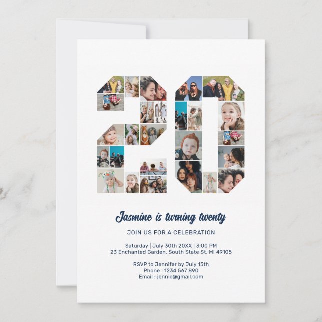 Invitation 20e anniversaire Numéro 20 Photo personnalisée Col (Devant)