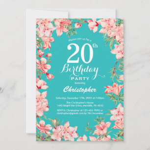 Invitation 20e anniversaire Pink Floral Flowers Turquoise Arr