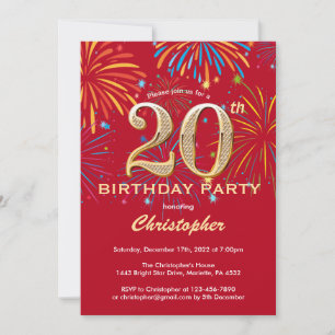Invitation 20e anniversaire Red and Gold Rainbow Fireworks