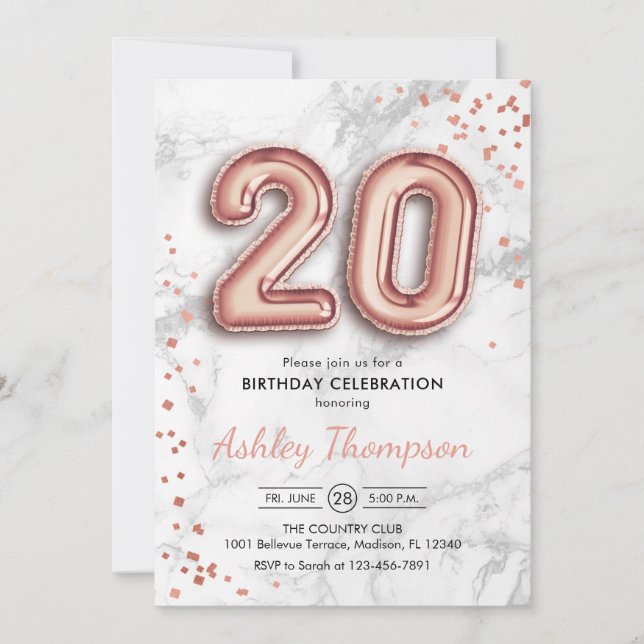 Invitation 20e anniversaire - Rose Gold Balloons effet marbre (Devant)
