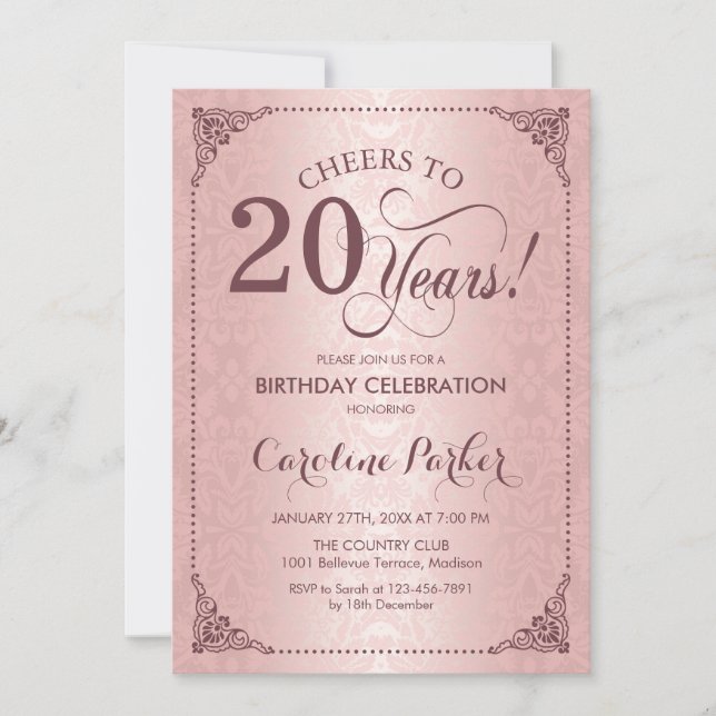 Invitation 20e anniversaire - Rose Gold Damask (Devant)