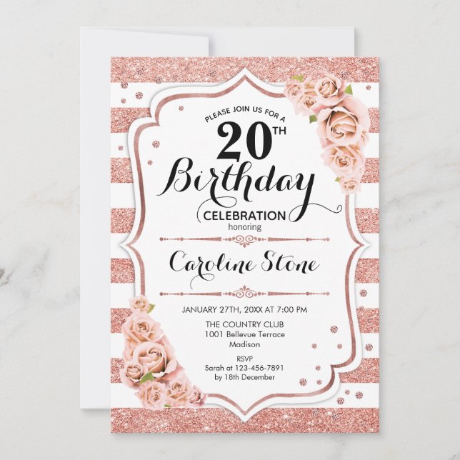 Invitation 20e anniversaire - Rose Gold White Stripes (Devant)