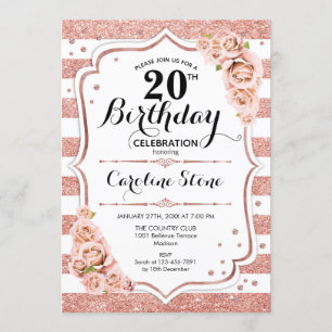Invitation 20e anniversaire - Rose Gold White Stripes