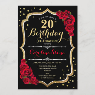 Invitation 20e anniversaire - Roses rouges noires d'or