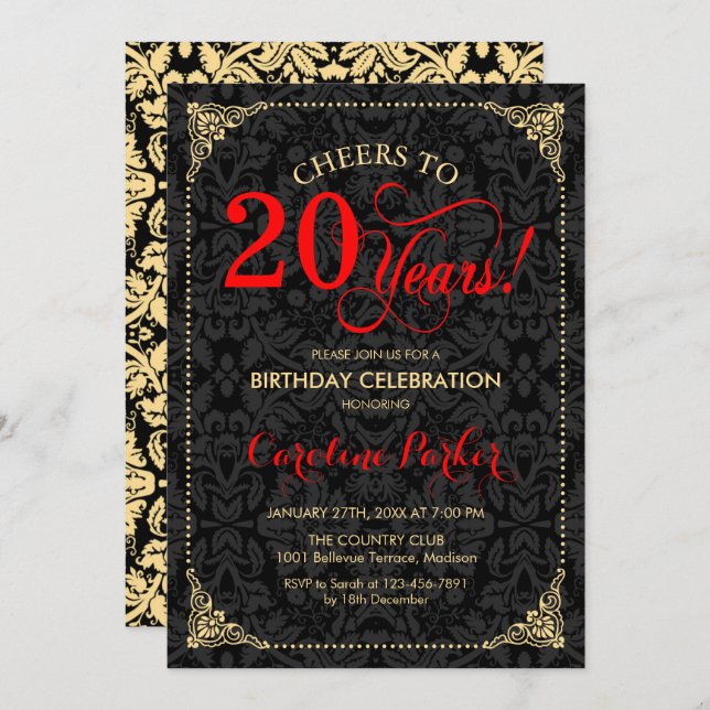 Invitation 20e anniversaire - Rouge Gold Black Damask (Devant / Derrière)