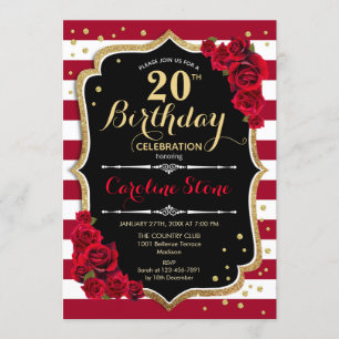 Invitation 20e anniversaire - Rouge or noir blanc rayures Ros