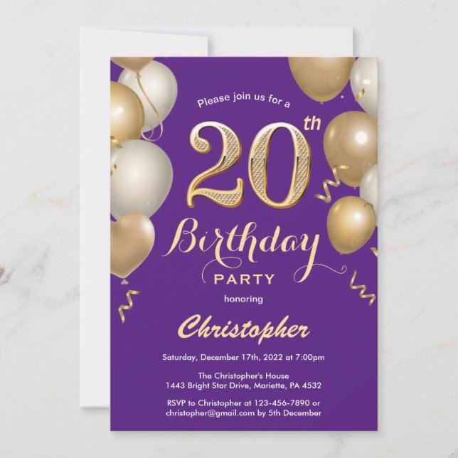 Invitation 20e anniversaire violet et ballons d'or Confetti (Devant)