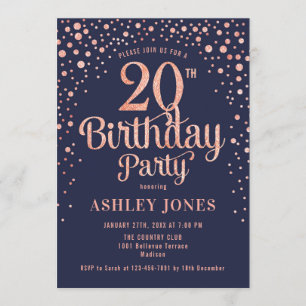 Invitation 20e fête d'anniversaire - Marine & Rose Gold
