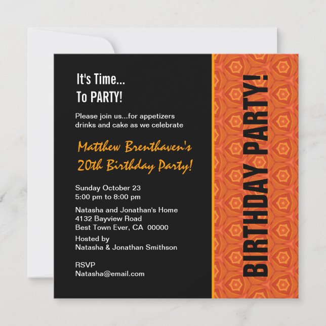 Invitation 20ème B321 orange d'anniversaire de l'adolescence (Devant)