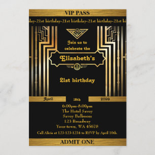 Invitation 21,Anniversaire 21,Style Gatsby,billet,or noir