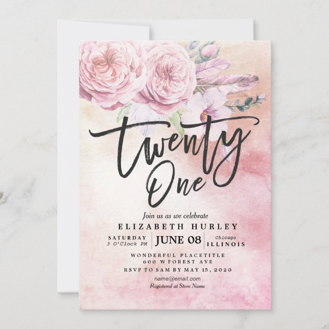 Invitation 21 Anniversaire Fleur Boho Fleurs Plumes (Devant)