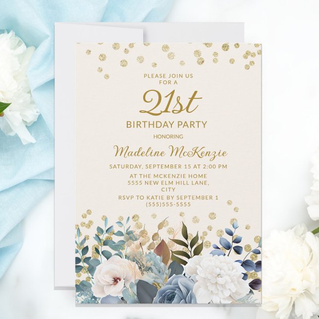 Invitation 21 ans Fleurs Bleu Poussiéreux Blanc Or (Créateur téléchargé)