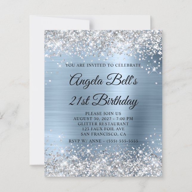 Invitation 21 ans pailleté argent Bleu pâle (Devant)