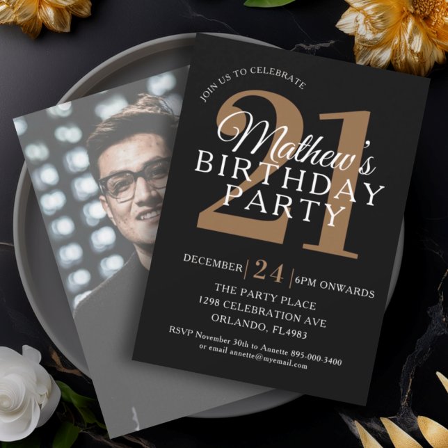 Invitation 21 ans photo moderne noir et or (Créateur téléchargé)