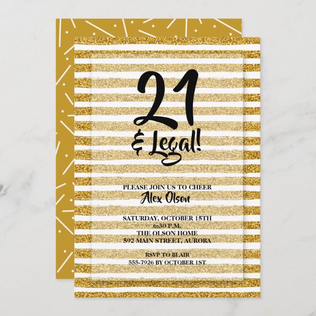 Invitation 21 et Légal Parties scintillant Or grève Anniversa (Devant / Derrière)