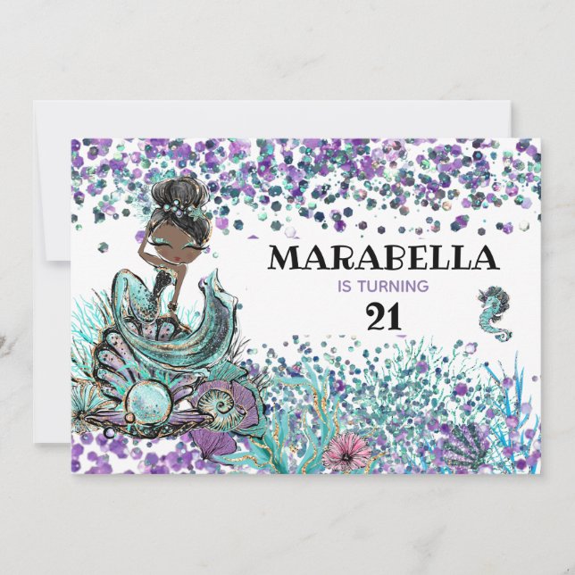 Invitation *~* 21 GLAM De Sirène En Mer Fête Anniversaire (Devant)