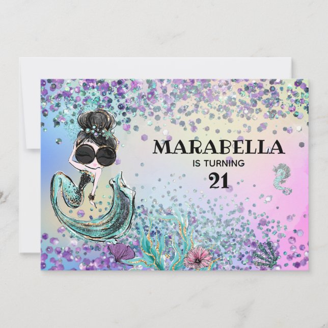 Invitation *~* 21 Luxe Rainbow Mermaid Glam Anniversaire (Devant)