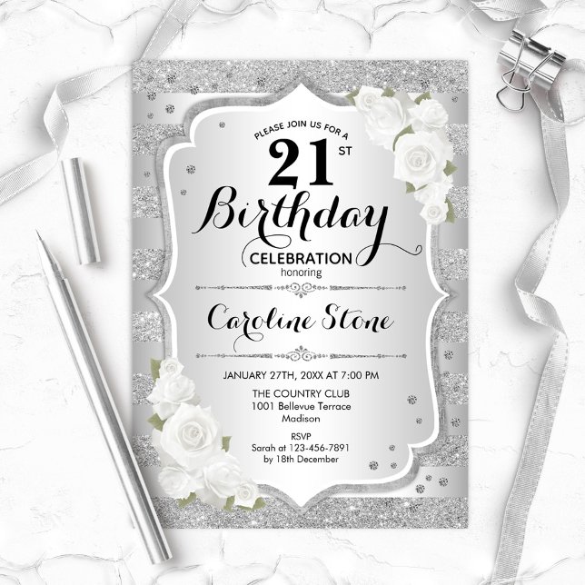 Invitation 21e anniversaire - Argent rayures Roses blanches (Créateur téléchargé)
