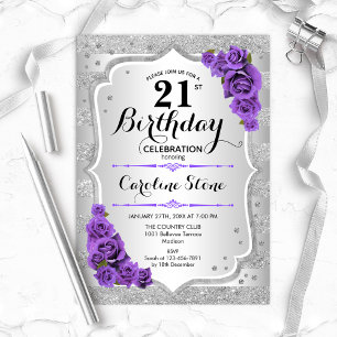 Invitation 21e anniversaire - Argent Stripes Roses violets