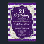 Invitation 21e anniversaire - Argent Violet Blancs Rose<br><div class="desc">21st Birthday Invitation Design floral élégant en violet royal et blanc avec fausse parties scintillant argent. Il est composé de roses blanches,  de polices de caractères stylisées,  de rayures et de confettis. Parfait pour une soirée d'anniversaire élégante. Peut être customisé à n'importe quel âge!</div>