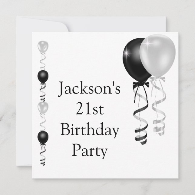 Invitation 21e anniversaire Ballons blancs d'argent noir (Devant)