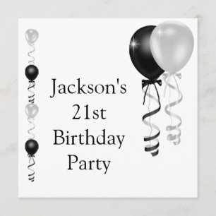 Invitation 21e anniversaire Ballons blancs d'argent noir