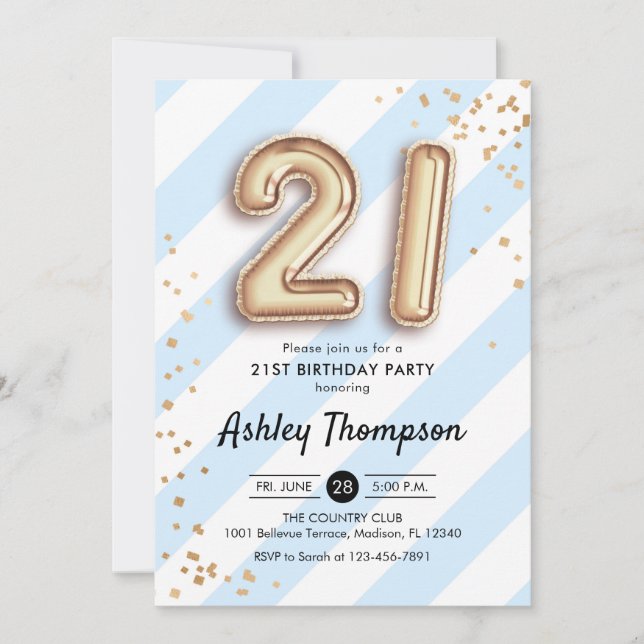 Invitation 21e anniversaire - Ballons Bleus Bleus Bleus Or (Devant)