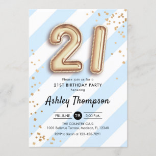 Invitation 21e anniversaire - Ballons Bleus Bleus Bleus Or