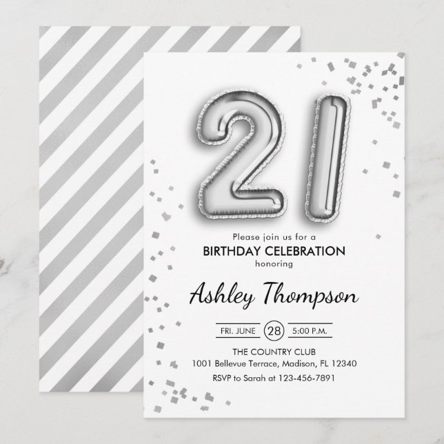 Invitation 21e anniversaire - Ballons d'argent (Devant / Derrière)