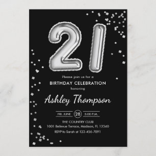 Invitation 21e anniversaire - Ballons d'argent noir