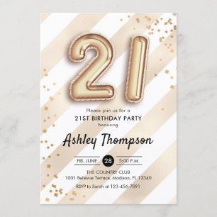 Invitation 21e anniversaire - Ballons d'or à rayures