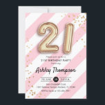 Invitation 21e anniversaire - Ballons d'or à rayures roses<br><div class="desc">21e anniversaire invitation de fête. Design élégant en or parties scintillant imitation avec rayures rose et blanc. Carte Invitation avec ballons numéro or 21,  police de script avec confetti. Parfait pour une célébration anniversaire du 21ème. Message-moi si vous avez besoin d'âge personnalisé.</div>