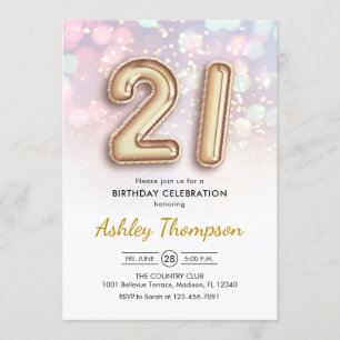 Invitation 21e anniversaire - Ballons d'or Lumières roses