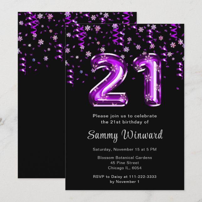 Invitation 21e Anniversaire Ballons pourpres Snowflake Confet (Devant / Derrière)