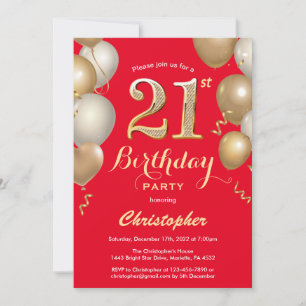 Invitation 21e Anniversaire Ballons Rouge et Or Confetti