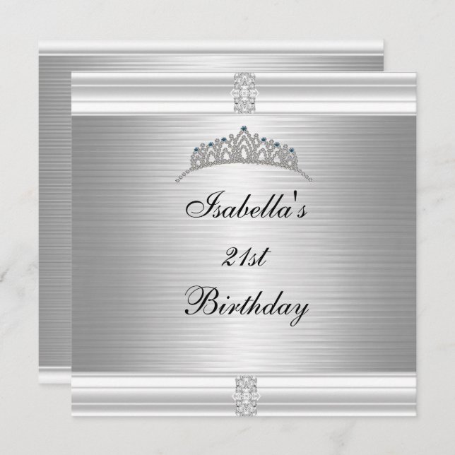 Invitation 21e Anniversaire Bijou Tiara Argent & Blanc (Devant / Derrière)