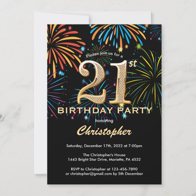 Invitation 21e anniversaire Black and Gold Rainbow Fireworks (Devant)