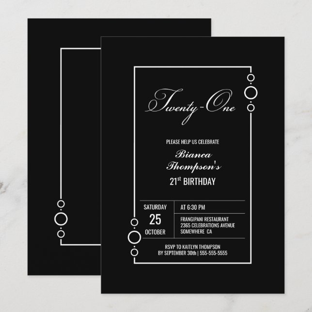 Invitation 21e anniversaire Black avec White Frame Party (Devant / Derrière)