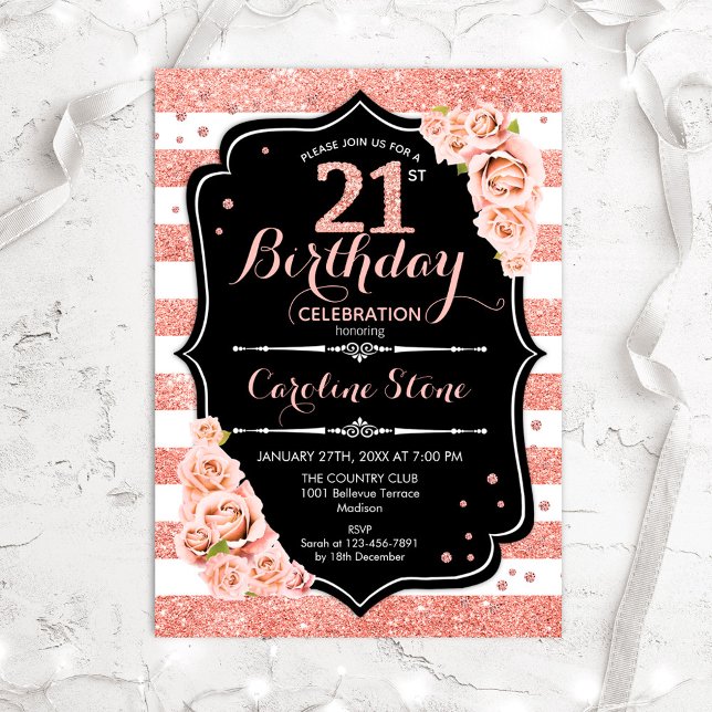 Invitation 21e anniversaire Black Rose Gold et White Stripes (Créateur téléchargé)