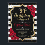 Invitation 21e anniversaire Black White Stripes Ro<br><div class="desc">21e Invitation Anniversaire Design noir blanc et rouge élégant avec fausse parties scintillant. Bandes noires et blanches avec roses rouges. Parfait pour une soirée d'anniversaire élégante.</div>