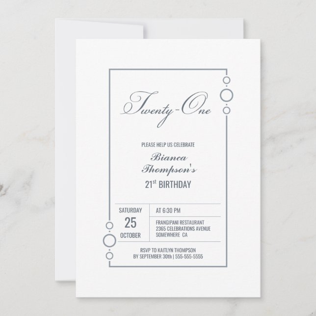 Invitation 21e anniversaire Blanc avec Gris Frame Party (Devant)