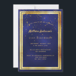 Invitation 21e anniversaire bleu confetti arroser<br><div class="desc">Une carte d'invitation branchée et moderne de 21e anniversaire pour hommes, hommes, hommes. Un arrière - plan bleu foncé, bleu marine. La couleur bleue est inégale. Avec un cadre en faux or et des confettis dorés saupoudrés, des lettres de couleur dorée. Modèles pour vos informations de fête. Dos : arrière...</div>