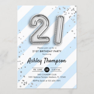 Invitation 21e anniversaire - Bleus et Ballons d'argent