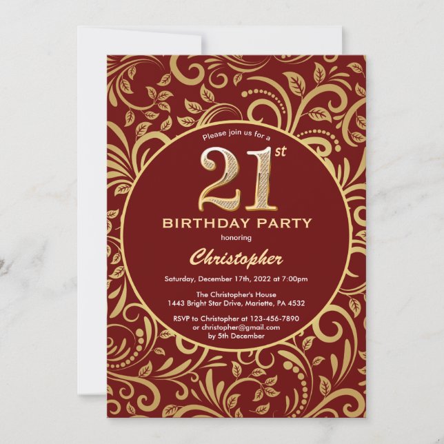 Invitation 21e anniversaire Bourgogne rouge et or modèle flor (Devant)