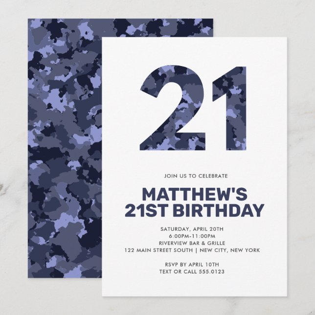 Invitation 21E Anniversaire, Camo bleu Personnalisé (Devant / Derrière)
