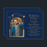 Invitation 21e Anniversaire Céleste Photo Blue Gold Moon<br><div class="desc">21e Anniversaire Fête Vingt et unième Photo Celestiale Bleu Or Soleil Lune Étoiles Invitations Invitations présente le soleil, la lune et les étoiles avec un cadre doré sur un arrière - plan bleu marine foncé. Personnalisez en modifiant le texte dans les zones de texte fournies et en ajoutant votre photo...</div>