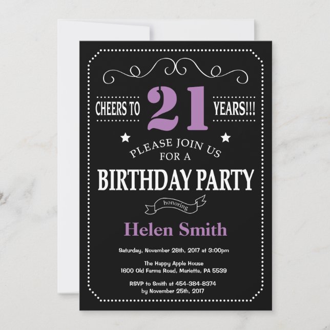 Invitation 21e anniversaire Chalkboard violet et noir (Devant)