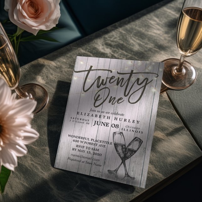 Invitation 21e Anniversaire Champagne Lunettes de bois Lumièr (Créateur téléchargé)