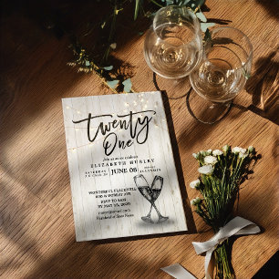 Invitation 21e Anniversaire Champagne Lunettes de bois Lumièr